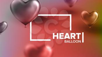International World Heart Day Modern Banner Vector. Realistic Sparkling Red Helium Flying Balloons In Shape Of Heart And Horizontal Frame With Text On Fashionable Postcard. 3d Illustration