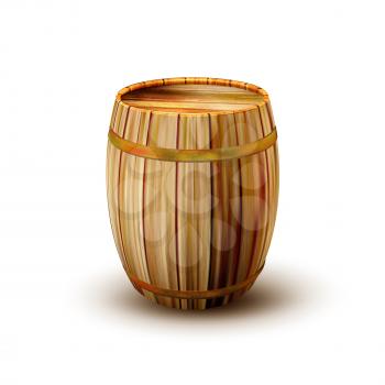 Standing Vintage Wooden Barrel Side View Vector. Closed Barrel With Metal Rings For Production And Storage Alcohol Beverage. Design Closeup Container Object Realistic 3d Illustration