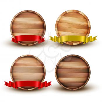 Blank Brown Wooden Barrel For Alcohol Set Vector. Collection Of Barrel For Beer And Lager, Wine And Whiskey, Scotch And Cognac Decorated Red And Yellow Ribbon. Front View Realistic 3d Illustration