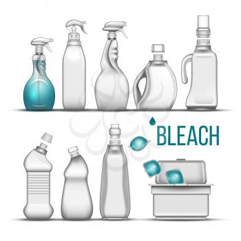 Plastic Bottle For Bleach Detergent Set Vector. Different Bottle With Cap, Atomizer Spray And Container Box For Cleaning Substance, Scour And Liquid Soap. Realistic 3d Illustration,