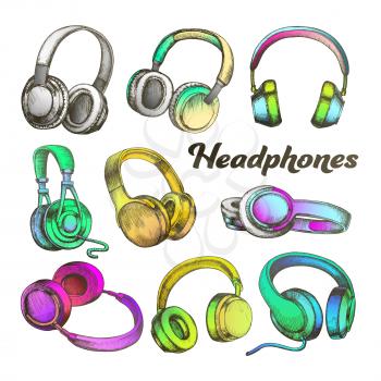 Color Different Sides Headphones Set Vector. Modern Portable Electronic Device Headphones For Listening Radio Music. Stereo Dynamics Earphone Accessory Hand Drawn In Retro Style Illustrations