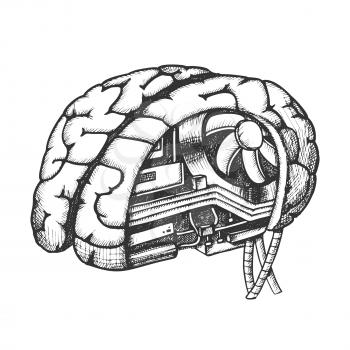 Innovation Computer Chip Brain Monochrome Vector. Artificial Intelligence Concept In Human Brain. Motherboard, Processor And Cooler Hand Drawn In Vintage Style Black And White Illustration