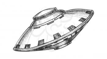 Ufo Unidentified Flying Object Monochrome Vector. Ufo Mystery Alien Cosmic Spaceship Fantasy Technology. Space Visitor Transport Hand Drawn In Vintage Style Black And White Illustration