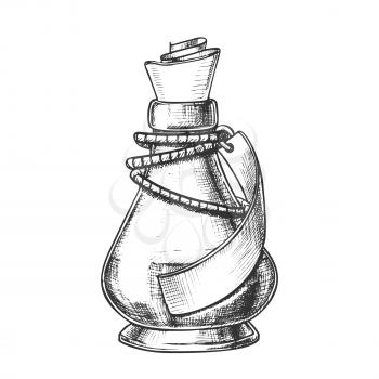 Creative Potion Glass Bottle Phial Ink Vector. Mixture Bottle Decorated Blank Ribbon On Planted Yarn. Liquid In Conic Vial Template Hand Drawn In Retro Style Black And White Illustration