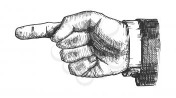 Male Hand Pointer Finger Showing Gesture Vector. Businessman Index Finger Arrow Suggesting Direction Course. Man Forefinger Wrist Gesturing Choice Monochrome Side View Closeup Cartoon Illustration