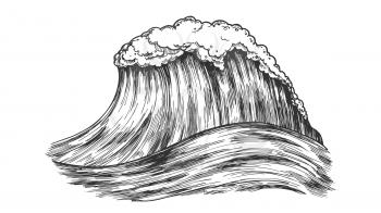 Big Foamy Tropical Ocean Marine Wave Storm Vector. Great Giant Water Wave Is Result Of Underwater Volcanic Eruption. Motion Nature Aquatic Tsunami Black And White Cartoon Illustration