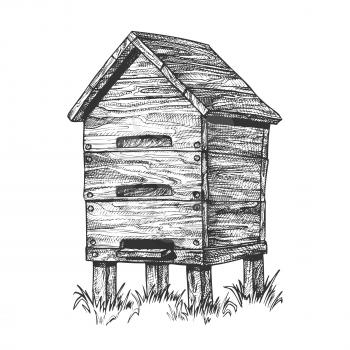 Wooden Beehive Apiary On Grass Apiculture Vector. Vintage Bee House Hive Beehive For Honey Healthy Food Products. Agriculture Farming Building For Flying Animal. Monochrome Cartoon Illustration