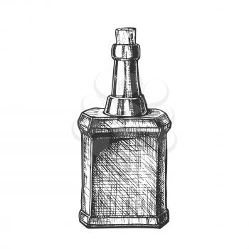 Design Blank Vintage Whisky Bottle Cork Cap Vector. Ink Drawn Sketch Retro Bottle Of Grain Alcoholic Liquid. Concept Monochrome Black And White Mockup Glass Container Template Cartoon Illustration