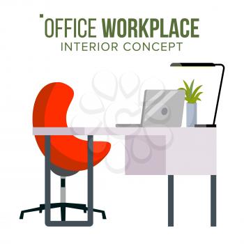 Office Workplace Concept Vector. Furniture Workplace For Programmer, Designer, Salesman. Developer Studio Interior. Laptop. Elegant Office Desk Illustration.