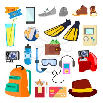 Travel Summer Icons Vector. Summer Time. Holidays, Vacation. Tourism Items, Accessory. Traveling Objects. Isolated Flat Cartoon Illustration