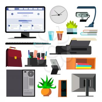 Office Equipment Set Vector. PC, Smartphone, Printer. Icons. Business Workplace. Stationery Office Things Isolated Flat Illustration