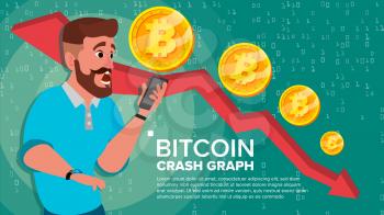 Bitcoin Crash Graph Vector. Surprised Investor. Negative Growth Exchange Trading. Collapse Of Crypto Currency. Bitcoin Crypto Currency Market. Annoyance, Panic. Flat Cartoon Illustration