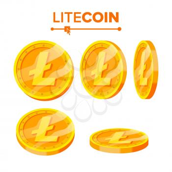 Litecoin Gold Coins Vector Set. Flip Different Angles. Litecoin Virtual Money. Digital Currency. Isolated illustration