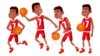 Basketball Player Child Set Vector. In Action. Leads, Playing With A Ball. Healthy Lifestyle. Runningm Jump With Ball. Isolated Flat Cartoon Illustration