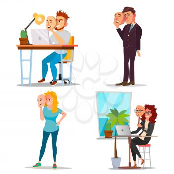 Fake Person Set Vector. Bad, Tired Man, Woman. Deceive Concept. Business People Wear Smile Mask. Isolated Flat Cartoon Illustration