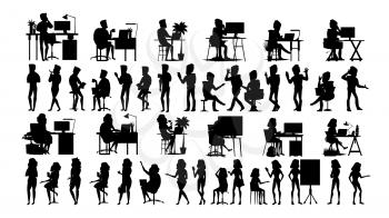 Business People Silhouette Set Vector. Man, Woman. Adult Worker. Background Element. Corporate Handshake. Employee Diverse. Male, Female. Black Isolated On White Illustration