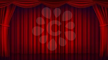 Red Theater Curtain Vector. Theater, Opera Or Cinema Empty Silk Stage, Red Scene. Realistic Illustration