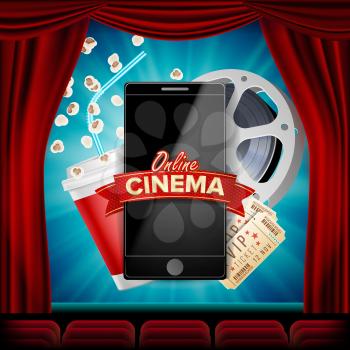 Online Cinema Vector. Banner With Mobile Phone. Red Curtain. Theater. 3D Online Cinema. Template For Web Cite, Ads, Poster. Flyer. Illustration