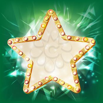 Gold Star Frame Vector. Beauty Diamond Star Emblem. Shine Lamp. Advertising Design Element. Decoration Illustration