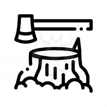 Tree Stub And Ax Hatchet Vector Thin Line Icon. Deforestation Forest Devastation Wood-felling Wood Cutting Environmental Pollution Linear Pictogram. Dirty Soil, Water, Air Contour Illustration