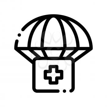 Volunteers Support Parachute Vector Thin Line Icon. Volunteers Support, Help Charitable Organizations, Package With Medicine Box Parachute Air-chute Linear Pictogram. Contour Illustration