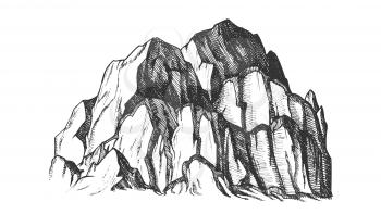 Peak Of Rocky Mountain Landscape Vintage Vector. Mountain Large Landform Rises Above Surrounding Land In Limited Area. Pencil Designed Slope Clift Template Black And White Illustration