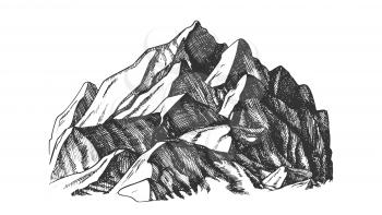 Peak Of Mountain Crag Landscape Hand Drawn Vector. High Altitude Mountain Place For Extreme Sport Alpinism, Skis Slalom Or Expedition Concept. Designed Layout Monochrome Illustration