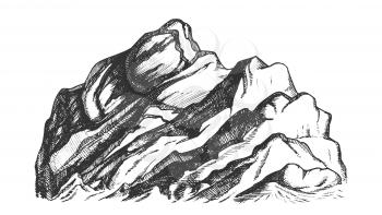 Summit Of Mountain Landscape Hand Drawn Vector. High Altitude Mountain Rock Peak Quiet Place For Extreme Sport, Expedition Concept. Pencil Designed Template Black And White Illustration