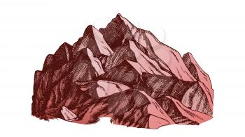 Peak Of Mountain Crag Landscape Hand Drawn Vector. High Altitude Mountain Place For Extreme Sport Alpinism, Skis Slalom Or Expedition Concept. Designed Layout Color Illustration