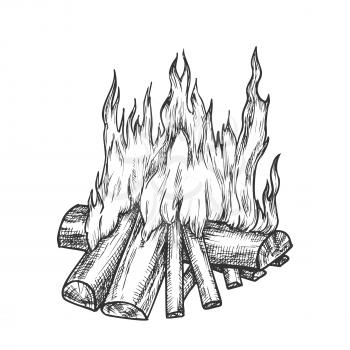 Traditional Burning Firewood Monochrome Vector. Forest Burn Firewood For Warm. Warming Camping Tourist Campsite Light Element Hand Drawn In Retro Style Black And White Illustration