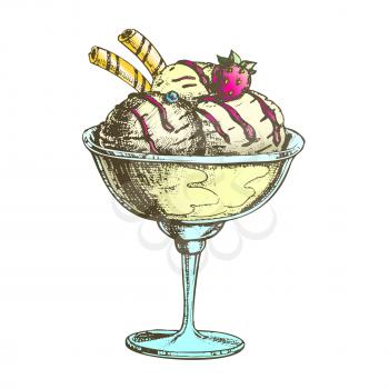 Color Scoop Ice Cream Cup With Fruit Hand Drawn Vector. Tasty Frozen Milk Dessert Ice Cream In Bowl Decorated Strawberry, Wafer Rolls And Chocolate Concept. Designed Template Illustration