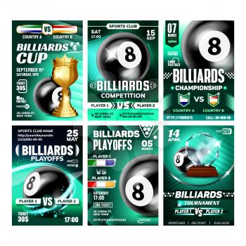 Billiard Sportive Promo Leaflet Posters Set Vector. Black Ball Number Eight, Hitting Stick And Golden Goblet, Billiard Snooker Collection Of Different Banners. Sport Game Concept Layout Illustrations