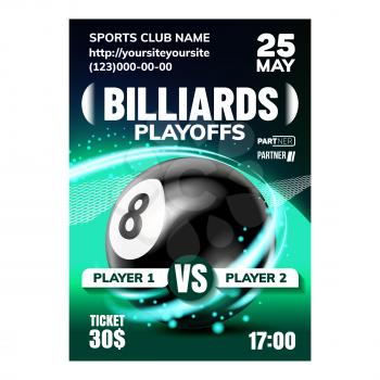 Billiard Leisure Active Sport Game Banner Vector. Recreational Billiard Ball Advertising Announcement Banner. Sporty Round Spherical Snooker Tool Pool Table Color Concept Layout Illustration