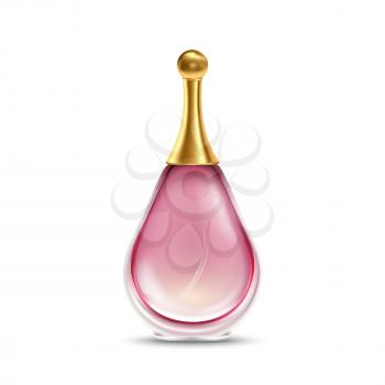Perfume Glass Bottle For Aromatic Liquid Vector. Transparency Stylish Decorative Blank Rose Bottle Sprayer With Gold Color Cap For Aroma Essence. Female Cosmetic Pack Layout Realistic 3d Illustration