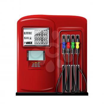 Gas Station Equipment For Refuel Automobile Vector. Fuel Auto Station Tool With Petrol Pump Filling Nozzles, Payment Terminal And Gasoline Measuring. Car Refueling Template Realistic 3d Illustration