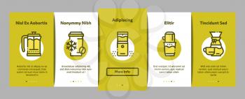 Coffee Energy Drink Onboarding Mobile App Page Screen Vector. Coffee Beans And Package, Grinder And Machine For Make Beverage, Cup And Pot Illustrations
