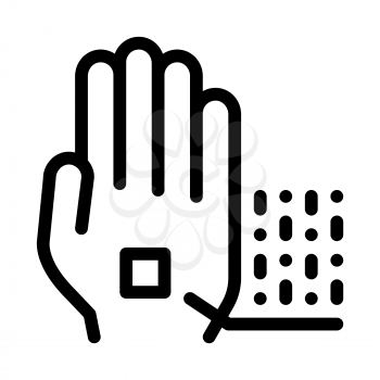 Information Chip On Hand Biomaterial Vector Icon Thin Line. Biology And Science Flasks, Bioengineering, Dna And Medicine Vaccine Biomaterial Concept Linear Pictogram. Monochrome Contour Illustration