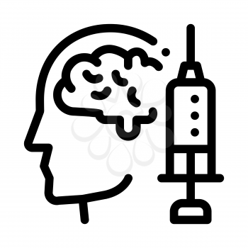 Brain Syringe Injection Vaccine Headache Vector Icon Thin Line. Tension And Cluster Headache, Migraine And Stress Symptom Concept Linear Pictogram. Healthcare Monochrome Contour Illustration