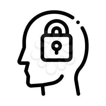 Locked Padlock In Man Silhouette Mind Vector Icon Thin Line. Gear And Brain, Heart And Shield, Padlock And Magnifier Concept Linear Pictogram. Black And White Template Contour Illustration