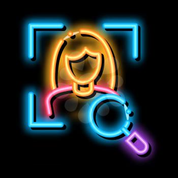 Woman Identity Check neon light sign vector. Glowing bright icon Woman Identity Check sign. transparent symbol illustration