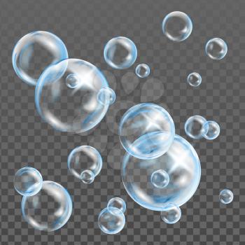 Floating Soap Or Underwater Air Bubbles Vector. Flying Transparency Soapy Or Shampoo Bubbles In Spherical Shape. Magic Reflection And Glossy Balls Template Realistic 3d Illustration