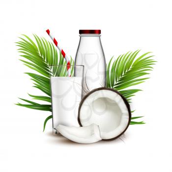Coconut Milk Natural Drink And Palm Branch Vector. Fresh Coconut Dairy Beverage, Crashed Nut, Green Leaves And Glass Bottle. Coco Drinking Product Template Realistic 3d Illustration