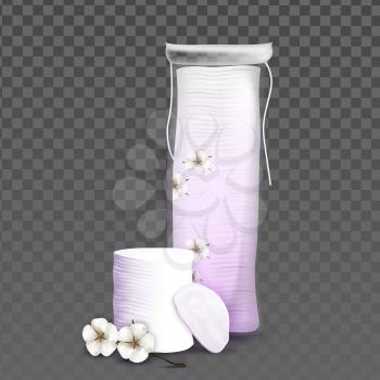 Cotton Pads Blank Bag And Blossom Flower Vector. Soft Cotton Pads Packaging And Natural Blooming Plant Herb. Hygiene Accessory For Make-up Package Template Realistic 3d Illustration