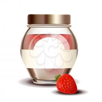 Strawberry Sweet Jam In Blank Glass Bottle Vector. Jar With Vitamin Natural Berry Jam. Home Made Sugary Meal In Glassware, Delicacy Healthy Dessert Template Realistic 3d Illustration
