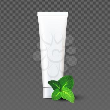Toothpaste Blank Package With Mint Taste Vector. Mouth Tooth Brushing Toothpaste Packaging With Natural Aroma Ingredient. Mouth Smell And Dentist Healthcare Treat Template Realistic 3d Illustration