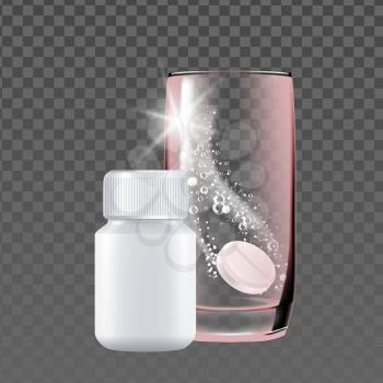 Pill Effervescent Soluble In Water Cup Vector. Pharmacy Medicine Drug Pill In Natural Liquid And Blank Bottle Packaging. Medical Stomach Ache Therapy Template Realistic 3d Illustration