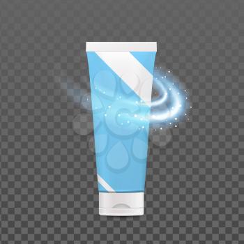 Toothpaste Blank Tube Package And Sparkle Vector. Aromatic Refreshment Toothpaste Packaging For Brushing And Care Mouth Tooth. Health Care Procedure Template Realistic 3d Illustration