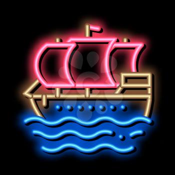 Pirate Sail Boat neon light sign vector. Glowing bright icon Pirate Sail Boat isometric sign. transparent symbol illustration