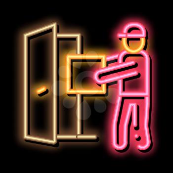 Courier with Box Enters Door neon light sign vector. Glowing bright icon Courier with Box Enters Door sign. transparent symbol illustration