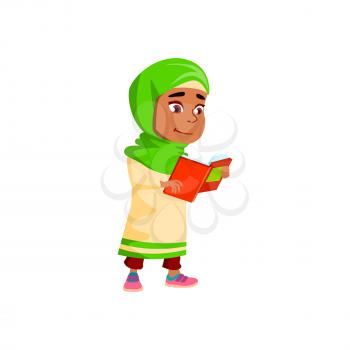Girl Walking And Reading Educational Book Vector. Arabian Little Child Staying And Read Interesting Story In Book. Character Schoolgirl Studying And Enjoy With Literature Flat Cartoon Illustration